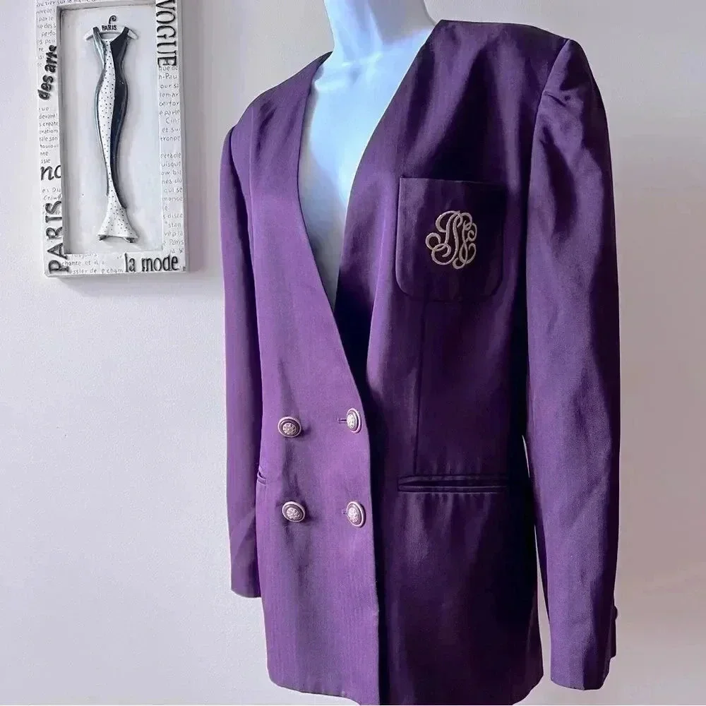 Vintage 90s Academia Gilmor Herringbone Collarless Purple Blazer Size 14 - Picture 2 of 9